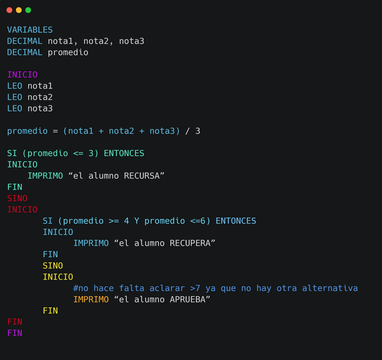 Algoritmo de promedio escolar