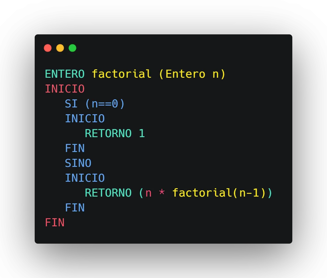 Código del factorial recursivo